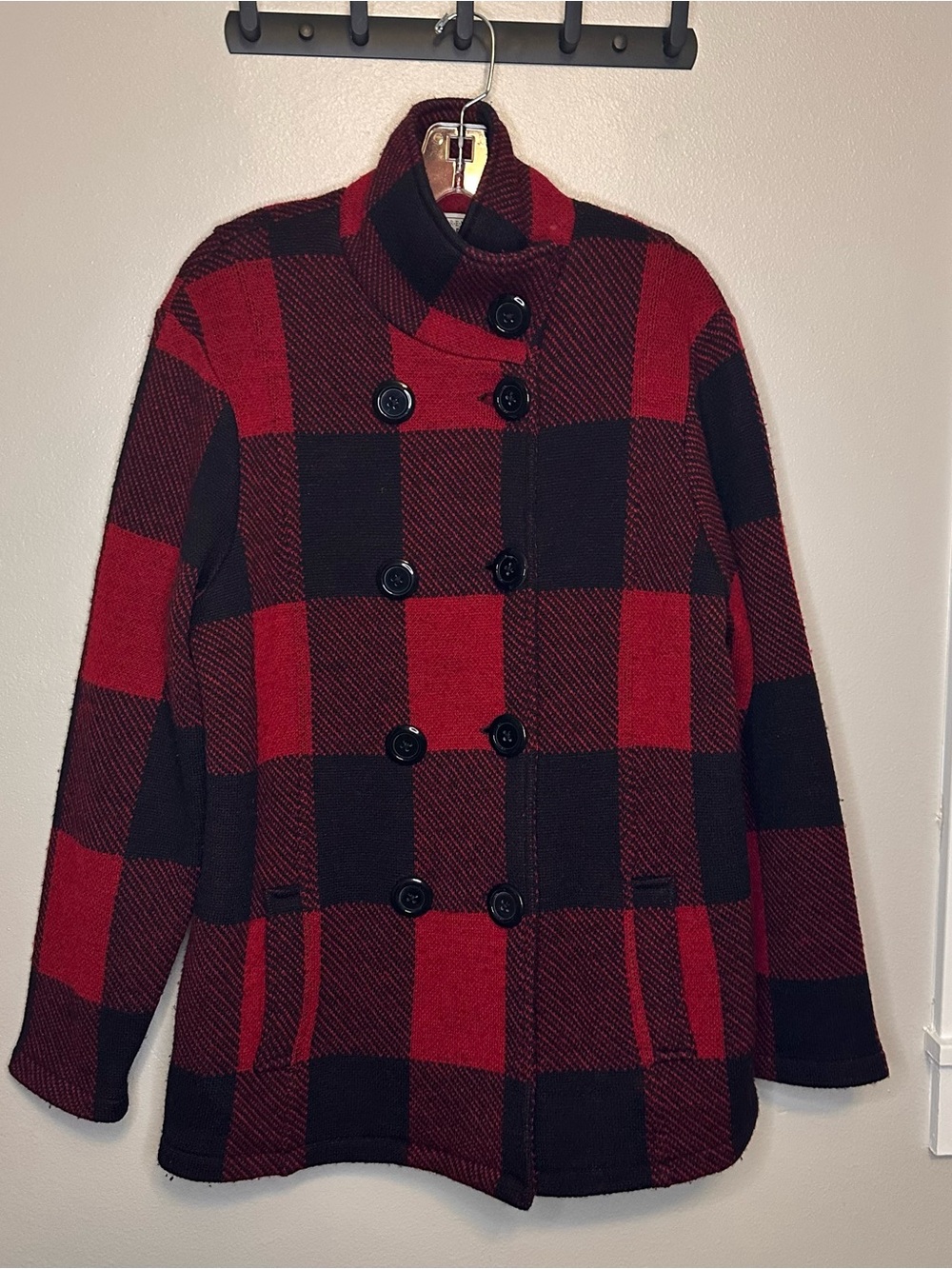 KEREN hart Red and Black Buffalo Plaid Wool Double-Breasted Pea Coat